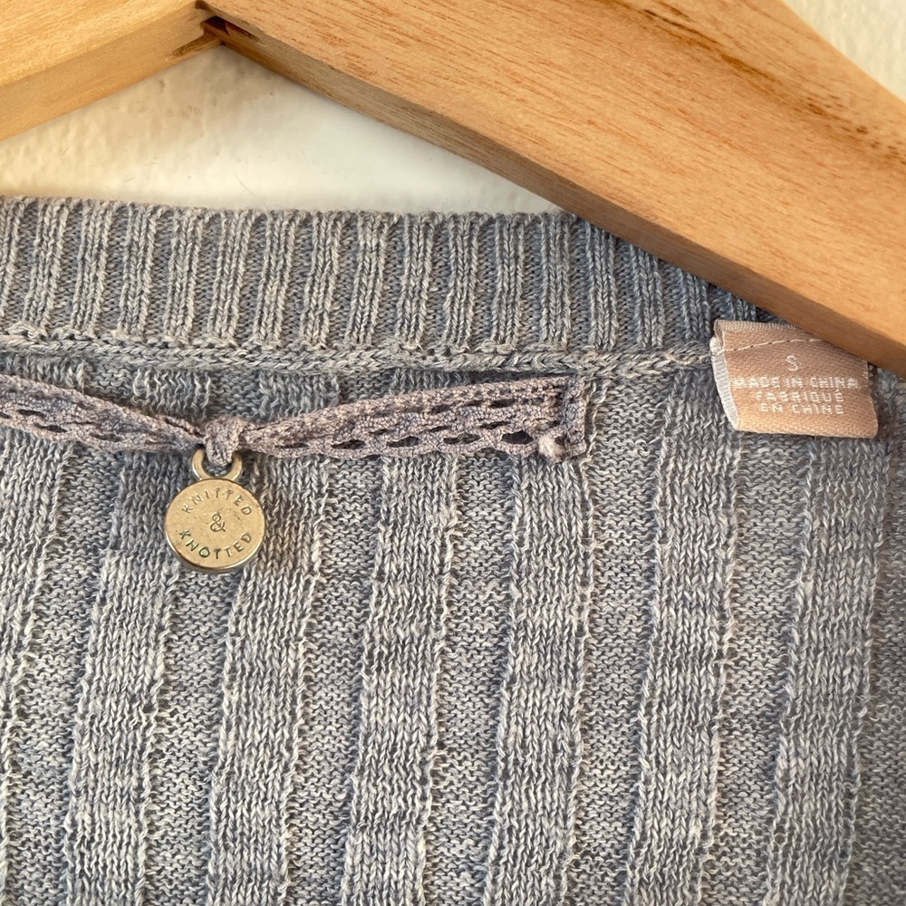 Anthropologie Knitted & Knitted Light Gray Open Ribbed Cardigan Lace Trim S - Picture 5 of 9